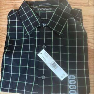 Perry Ellis Men's Black and Green Checkered Shirt